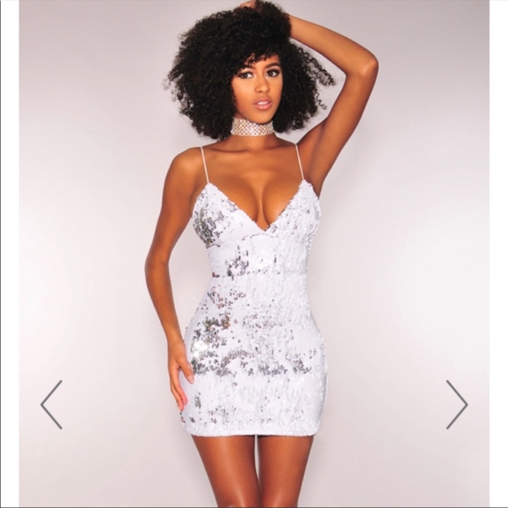 Sequin white and silver mini bodycon Hot Miami Style dress - Medium